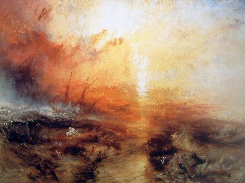 JMW Turner (English, 1775-1851), Slave Ship (Slavers Throwing Over the Dead and Dying, Typhoon Coming On), oil on canvas, 35 3/4 x 48 1/4", On view at the Museum of Fine Arts, Boston